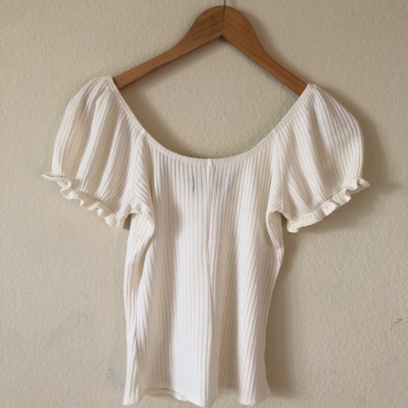 Reformation White Ribbed Tie Front Corset Sundance Top with Ruffle Sleeves - Picture 3 of 6